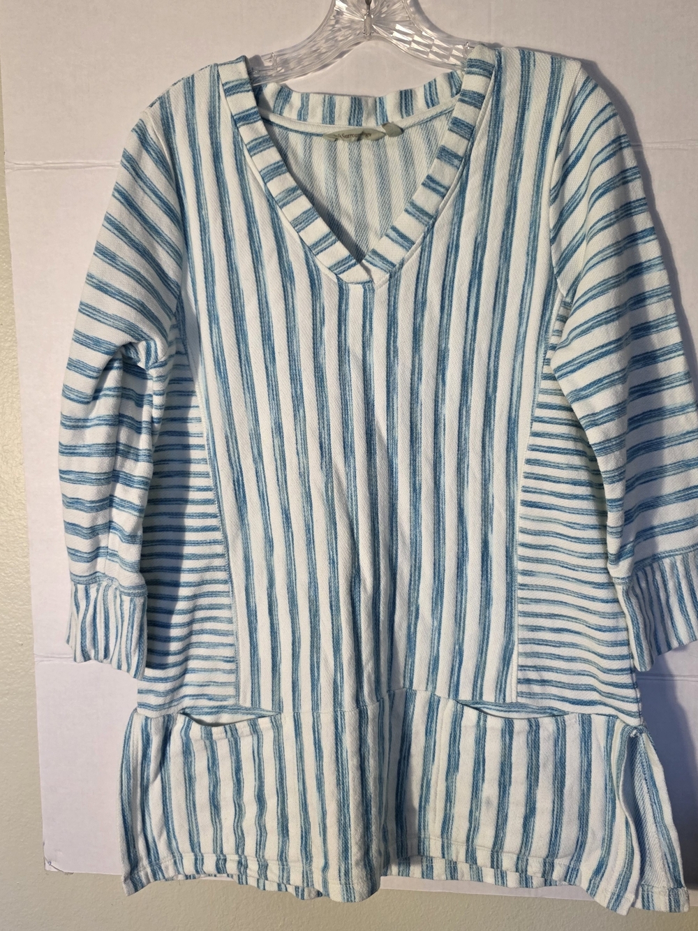 Soft Surroundings Briza Stripe Tunic Top Teal Blue White Pockets Coastal Gma